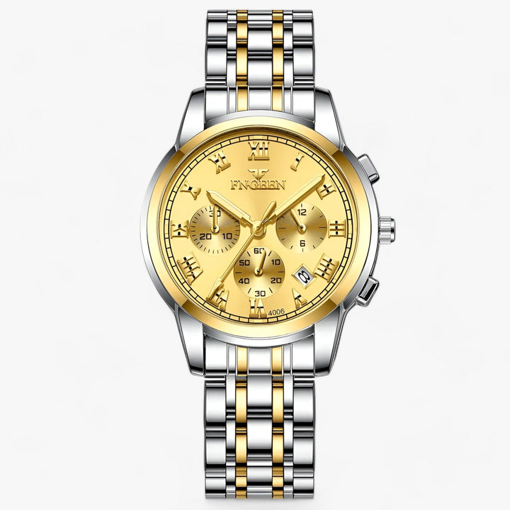 Luxus Herrenarmbanduhr, gold-silbernes Edelstahlarmband, Chronograph, elegantes Design