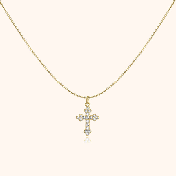 Goldene Halskette mit Kreuzanhänger, besetzt mit Diamanten, eleganter Schmuck für Damen.