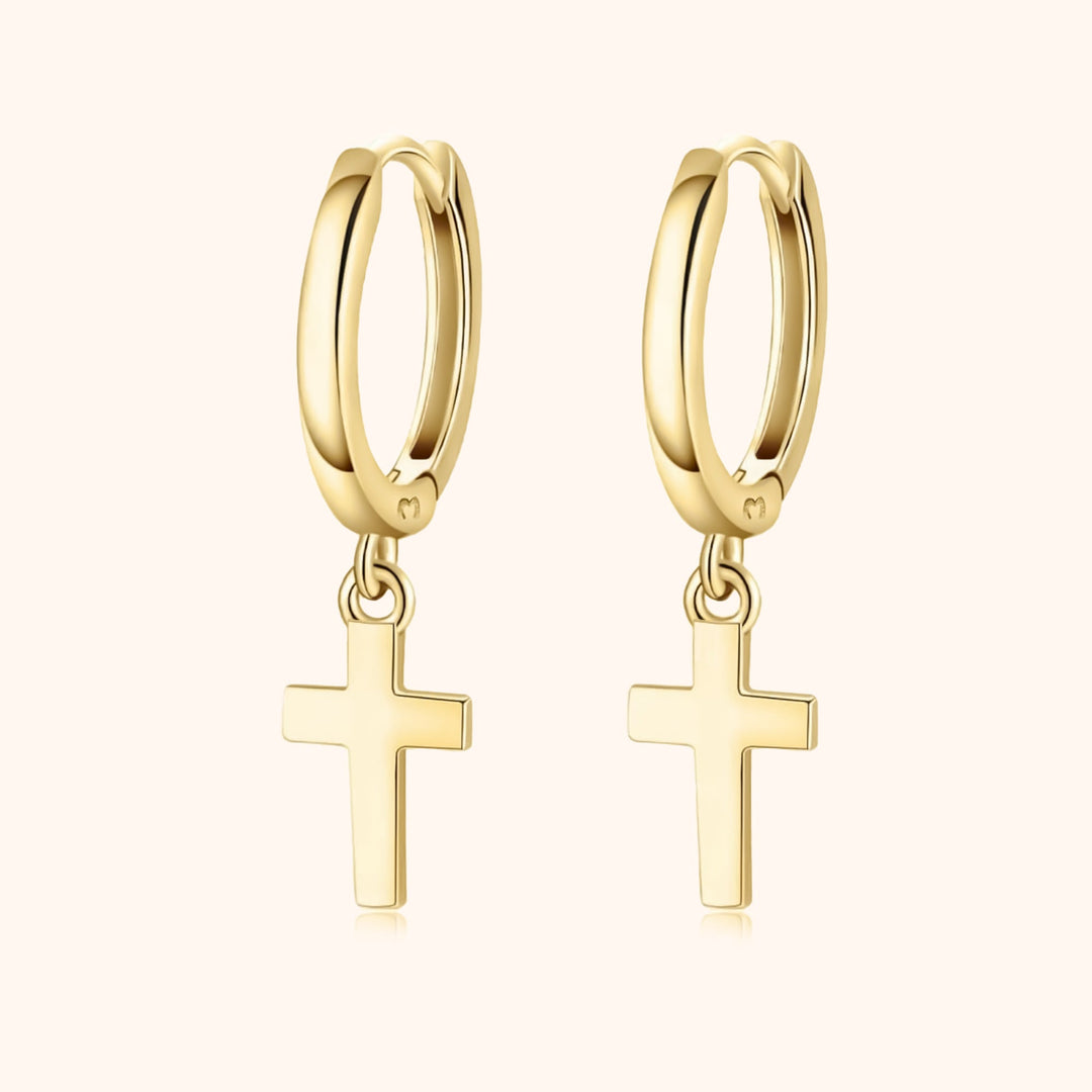 Goldene Creolen mit Kreuzanhänger, modische Ohrringe, Schmuck für Damen.
