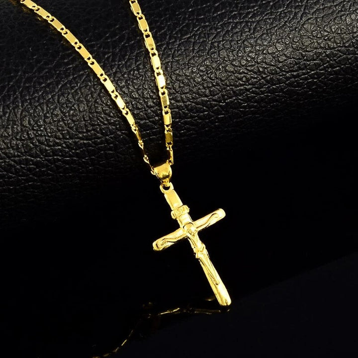 Goldene Kreuzkette, Herren, Edelstahl, religiöses Schmuckstück, modisches Accessoire.