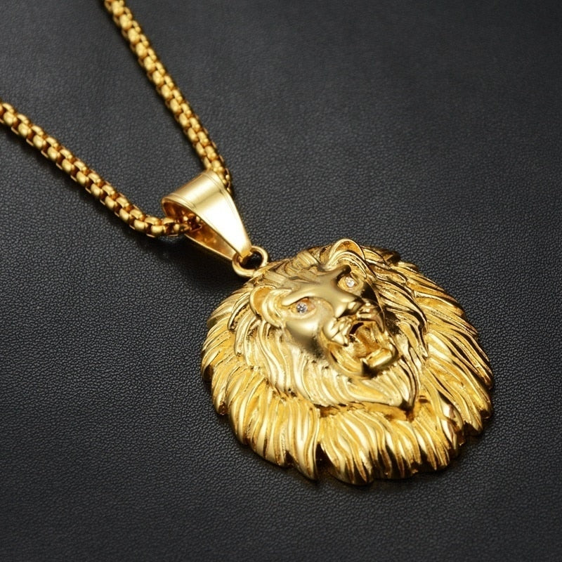 Goldene Löwenkopf-Halskette, Herren-Schmuck, Edelstahl, modisches Accessoire, Geschenkidee.