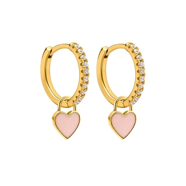 Goldene Creolen mit rosa Herzanhänger, Zirkonia, modische Ohrringe, Schmuck für Damen.
