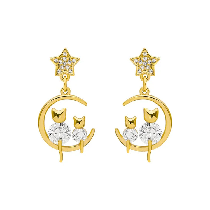 Goldene Ohrringe mit Stern- und Mondmotiv, Katzen-Design, Zirkonia-Steine, modisch, elegant.