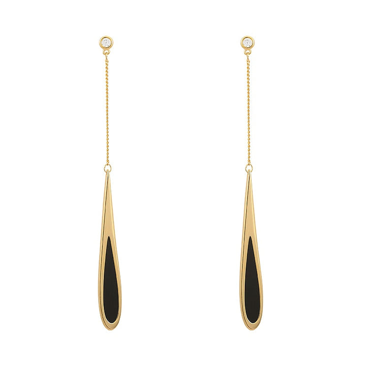 Goldene Ohrringe mit schwarzem Tropfenanhänger, elegantes Design, Damen-Schmuck.