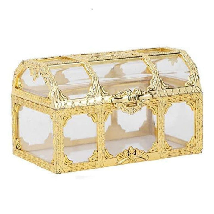 Goldene Schmuckschatulle aus Glas, rechteckig, dekorativ, Vintage-Stil, luxuriöses Design.