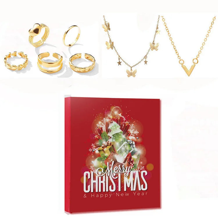Goldene Schmuckset mit Ringen und Halsketten, Weihnachtsgeschenkbox, festlich, elegant.
