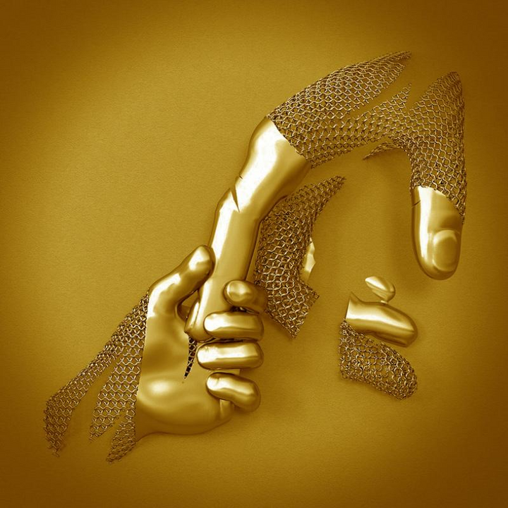 Goldene Hand hält Hammer, abstrakte Kunst, 3D-Design, goldene Skulptur, moderne Dekoration.