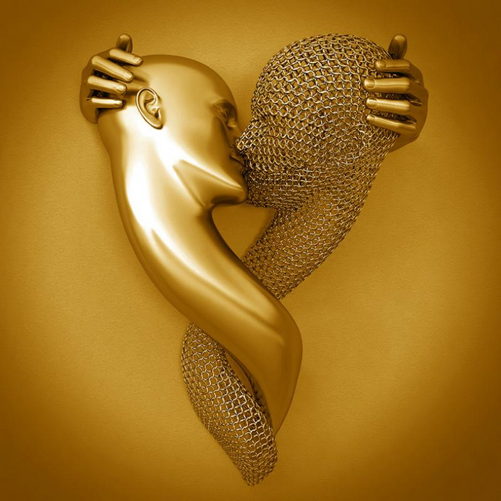 Goldene Skulptur zweier verschlungener Gesichter, moderne Kunst, abstrakt, 3D-Druck.