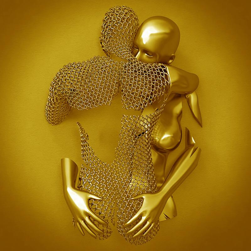 Goldene Skulptur zweier umarmender Figuren, moderne Kunst, abstrakt, glänzend, 3D-Design.