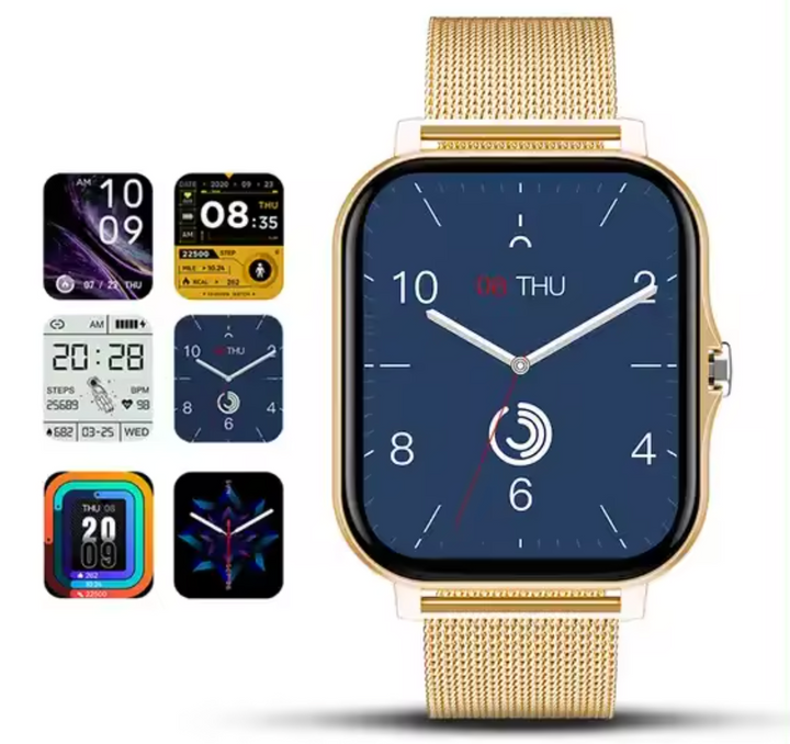 Goldene Smartwatch mit rechteckigem Zifferblatt, blauer Anzeige und Mesh-Armband.