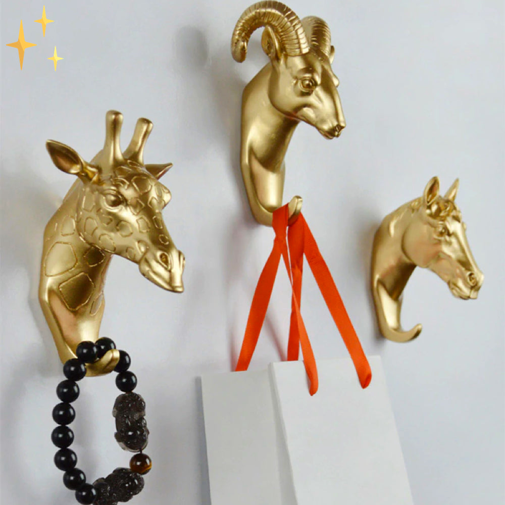 Goldene Tierkopf-Wandhaken, Giraffe, Widder, Pferd, dekorativ, Schmuckhalter, modern.