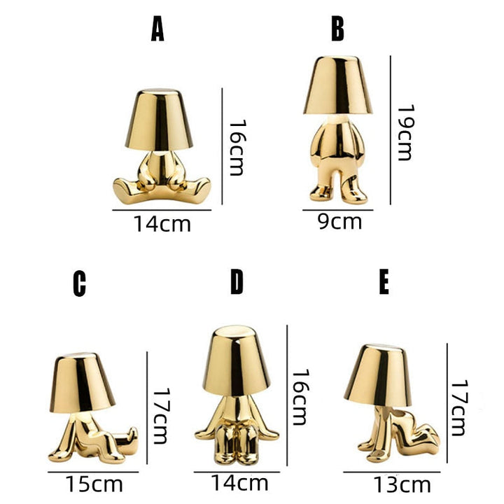 Fünf goldene Tischlampen in menschlicher Form, verschiedene Größen, moderne Deko.