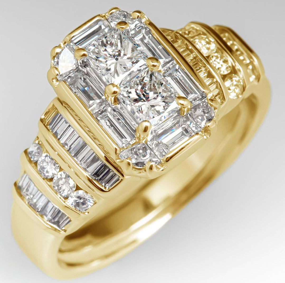 Luxuriöser Goldring mit Diamanten, rechteckiger Schliff, funkelndes Schmuckdesign, elegant.
