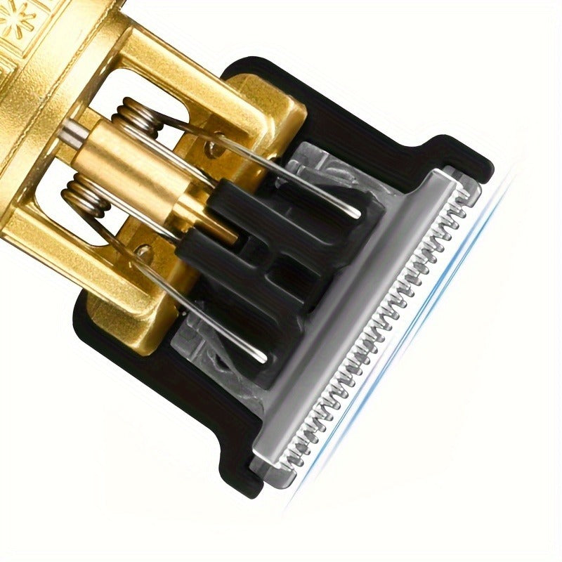 Goldener Haarschneideaufsatz, Nahaufnahme, Edelstahlklinge, Friseurwerkzeug, Präzisionstrimmer