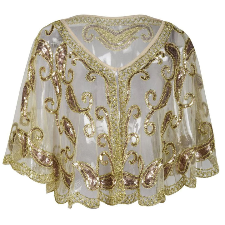 Goldene Pailletten-Cape, transparent, elegant, festlich, Damenmode, Abendgarderobe, glamourös.