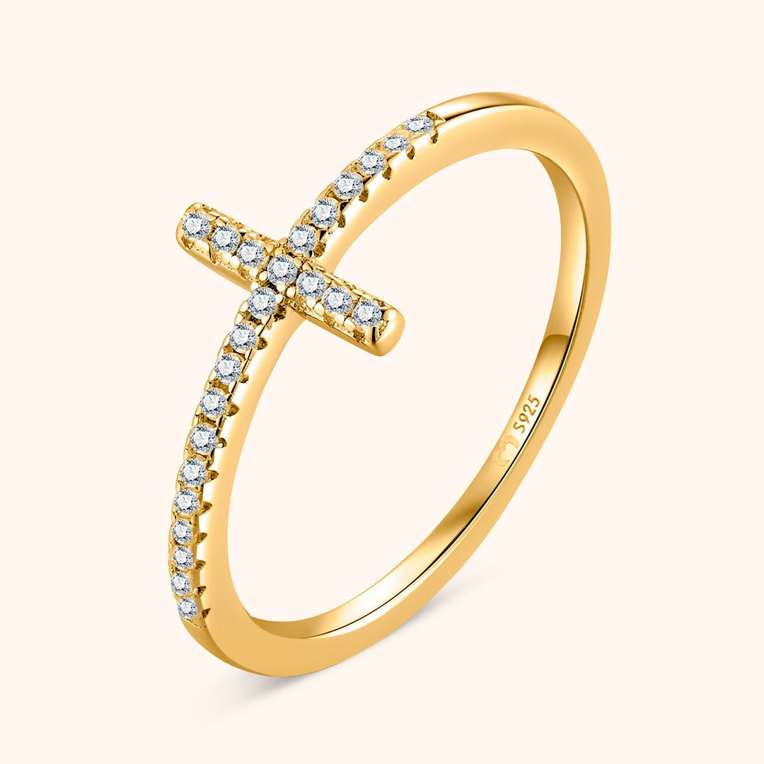 Goldener Damenring mit Kreuzdesign, besetzt mit Zirkonia-Steinen, eleganter Schmuck, Geschenkidee.