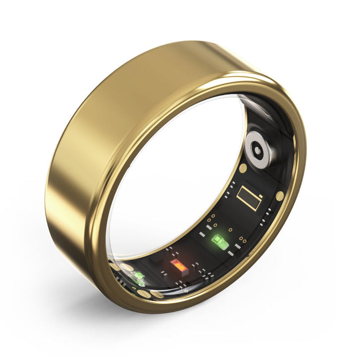 Goldener Smart-Ring, Gesundheitsüberwachung, Fitness-Tracker, elegantes Design, Technologie.