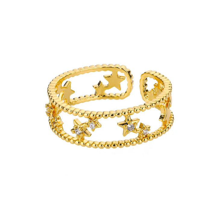 Goldener verstellbarer Ring mit Sternen und Zirkonia, modisches Schmuckstück für Damen.