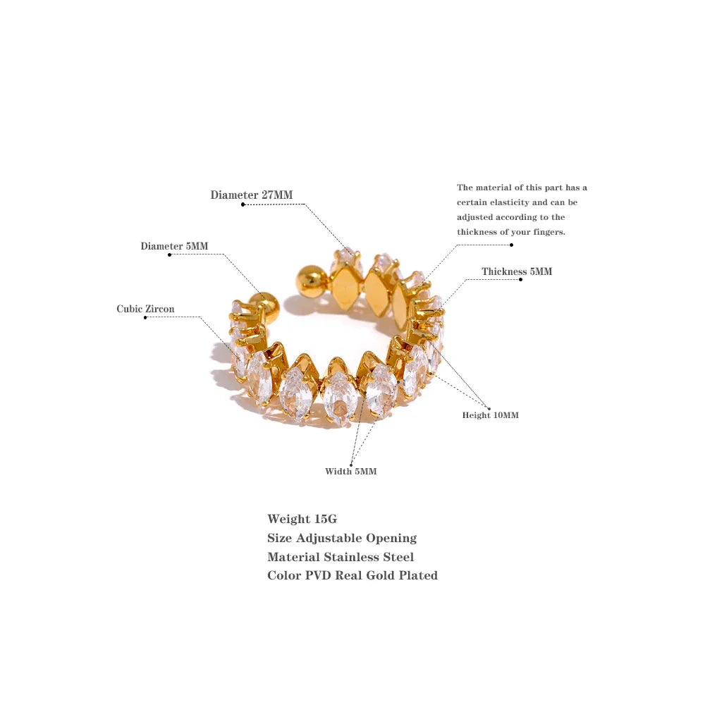 Goldener, verstellbarer Zirkonia-Ring aus Edelstahl, 15g, PVD-beschichtet, 27mm Durchmesser.