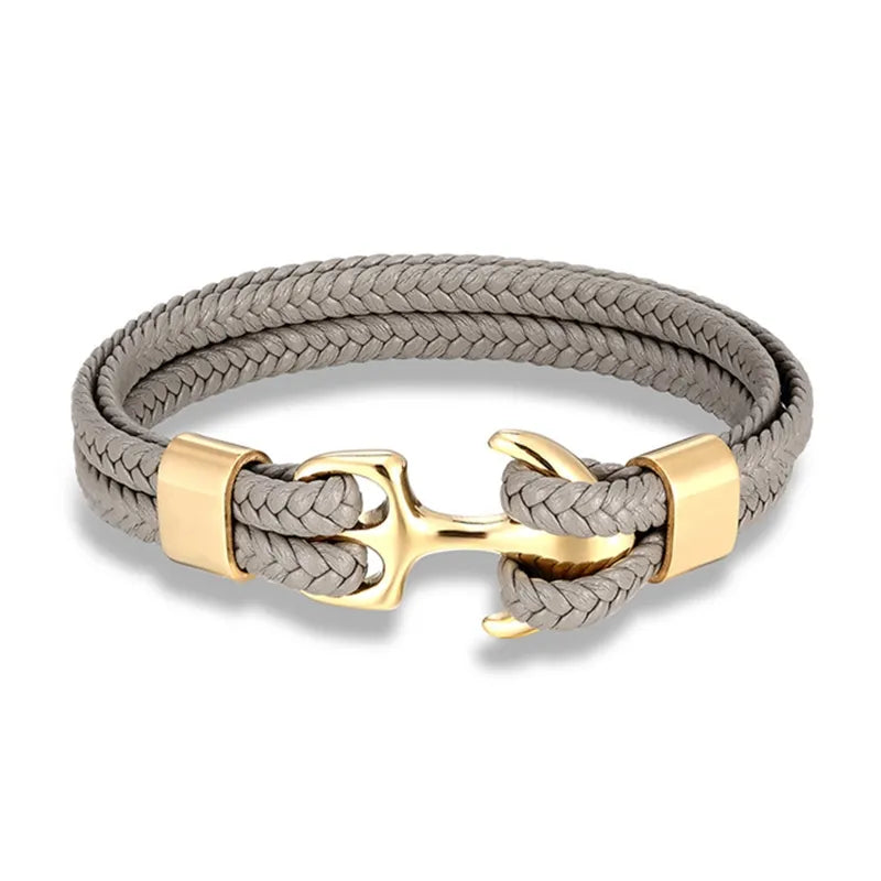 Geflochtenes Armband grau mit goldener Anker-Schließe, modisches Accessoire für Herren.