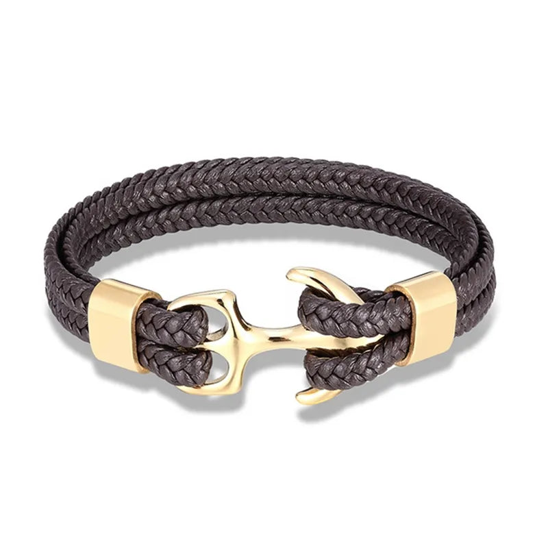 Braunes Lederarmband mit goldener Anker-Schließe, modisches Accessoire für Herren.