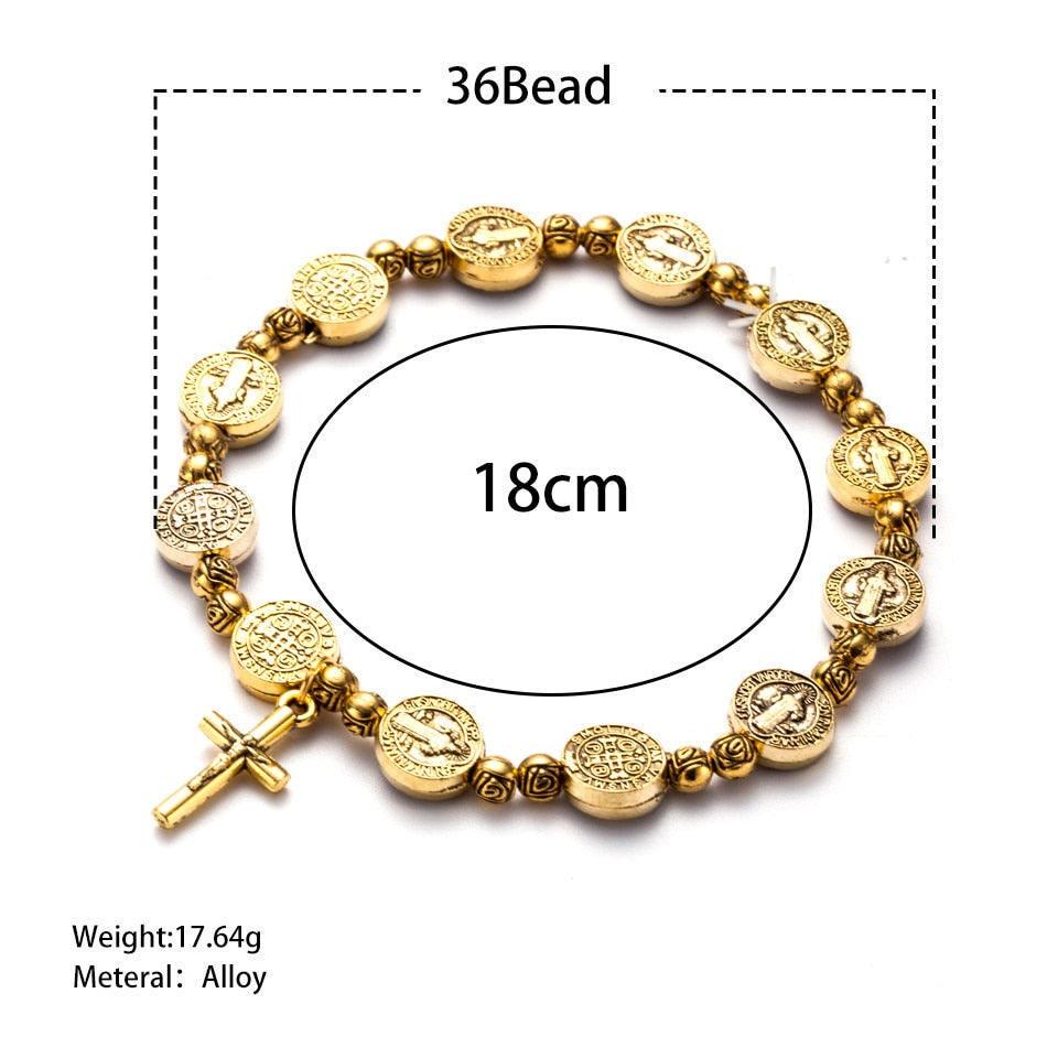 Goldenes Armband mit 36 Perlen und Kreuzanhänger, 18 cm, aus Legierung.