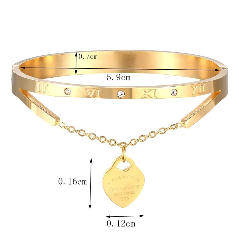 Goldenes Armband mit römischen Ziffern, Herzanhänger, Zirkonia, 925er Silber, 5,9 cm Durchmesser.