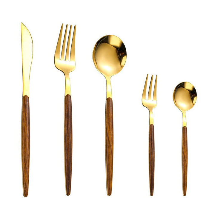 5-teiliges Besteckset Gold Edelstahl Holzgriff Messer Gabel Löffel Essbesteck.