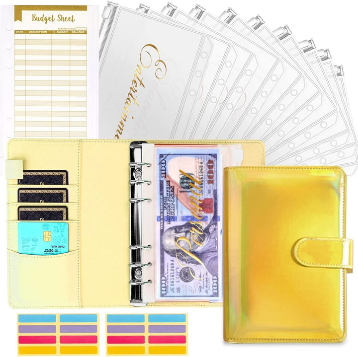 Goldenes Budget-Planer-Set mit Hülle, Geldumschlägen, Budgetblättern und Etiketten.