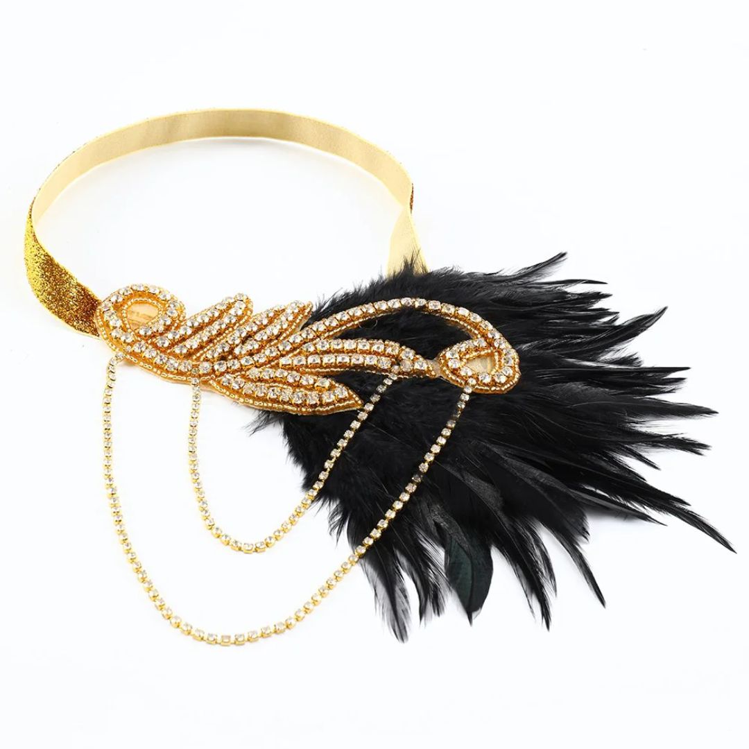 Goldenes Stirnband mit schwarzen Federn und Strasssteinen, ideal für 1920er Jahre Kostüme.