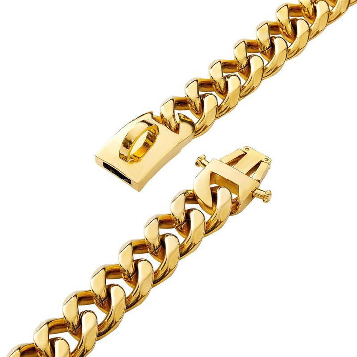 Goldenes Panzerarmband mit Klappverschluss, Edelstahl, modisches Schmuckstück für Herren.