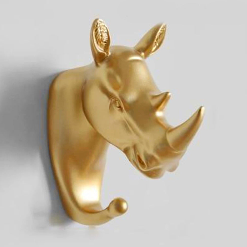 Goldener Nashorn-Wandhaken, dekorativer Kleiderhaken, modernes Design, Tierkopf, Metall.