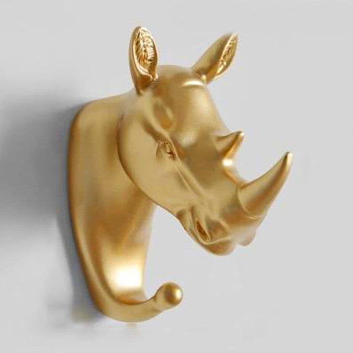 Goldener Nashorn-Wandhaken, dekorativer Kleiderhaken, modernes Design, Tierkopf, Metall.