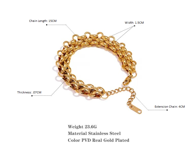 Goldene Edelstahlkette, PVD-beschichtet, 15cm Länge, 1,5cm Breite, 4cm Verlängerungskette.