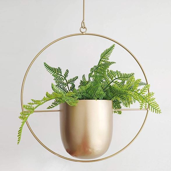 Goldener hängender Pflanzenhalter mit grüner Pflanze, runder Metallrahmen, modernes Design.