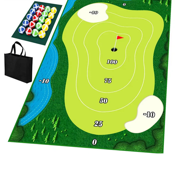 Golf-Übungsmatte mit Zielscheibe, bunten Bällen und Tragetasche, ideal für Indoor-Training.