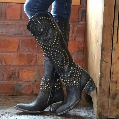Schwarze Gothic-Knielange Stiefel mit Nieten, Retro-Design, Damenmode, Punk-Stil.