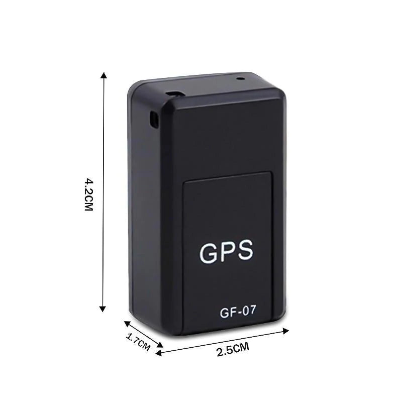 Schwarzer GPS-Tracker GF-07, kompakt, 4,2x2,5x1,7 cm, tragbar, Echtzeit-Ortung.