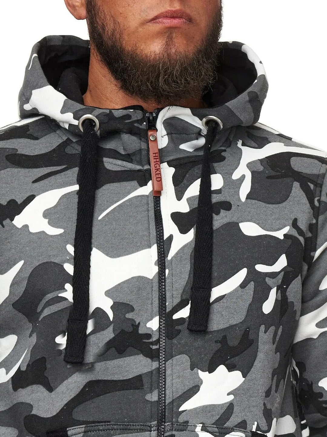Grauer Camouflage-Hoodie für Herren mit Kapuze und Reißverschluss, Freizeitmode, Baumwolle.