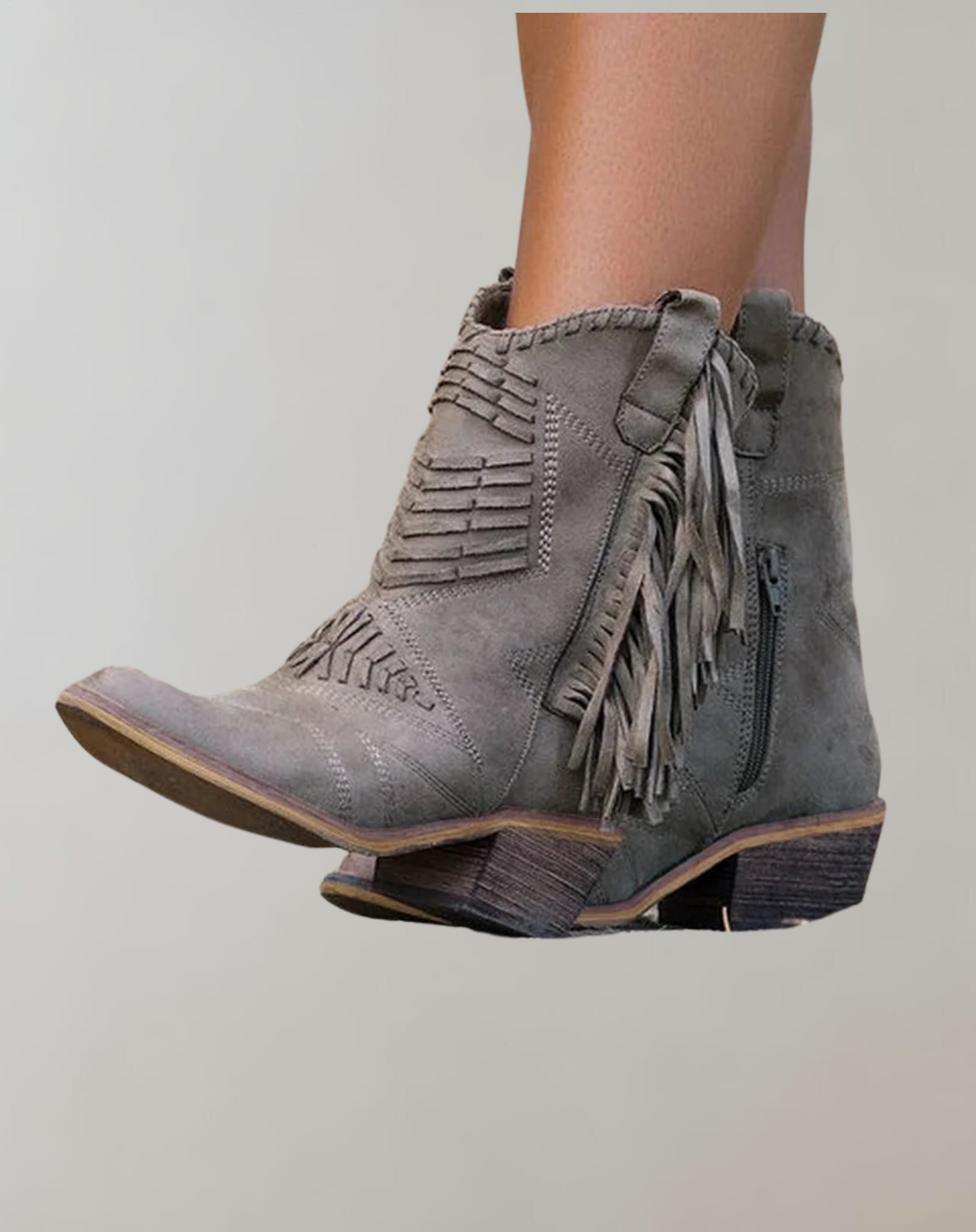 Graue Wildleder-Stiefeletten mit Fransen, Reißverschluss, niedriger Absatz, Damenmode.