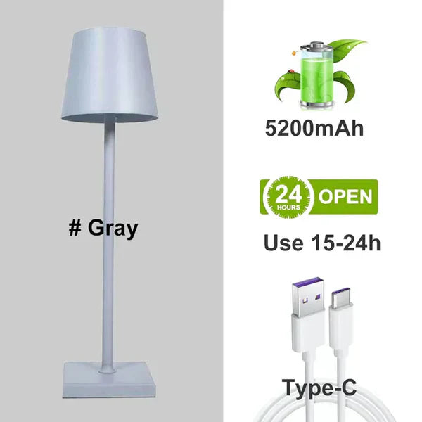 Graue LED-Tischlampe aus Aluminium, 5200mAh, USB-C, wiederaufladbar, 15-24h Nutzung.