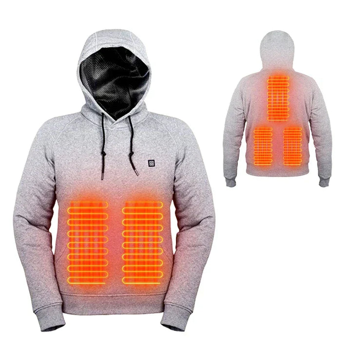 Grauer beheizter Hoodie mit USB-Anschluss, Unisex, Vorder- und Rückansicht, Heizfunktion.