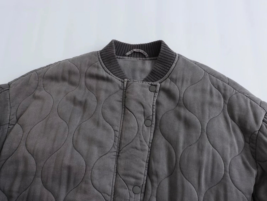 Graue Damen-Bomberjacke, langärmelig, gesteppt, lässig, modisch, 2023.