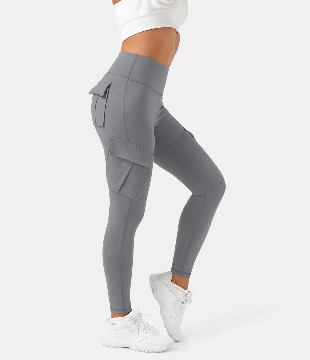 Damen graue Cargohose, hohe Taille, Seitentaschen, sportlich, elastisch, bequem.