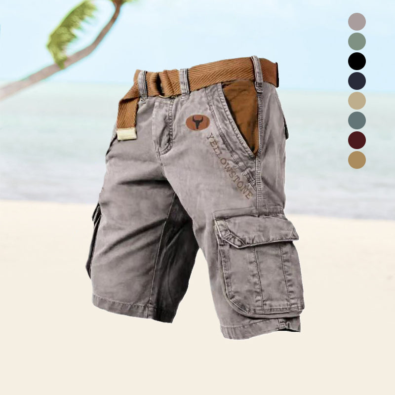 Graue Cargo-Shorts aus Baumwolle mit Taschen, ideal für Outdoor-Aktivitäten am Strand.