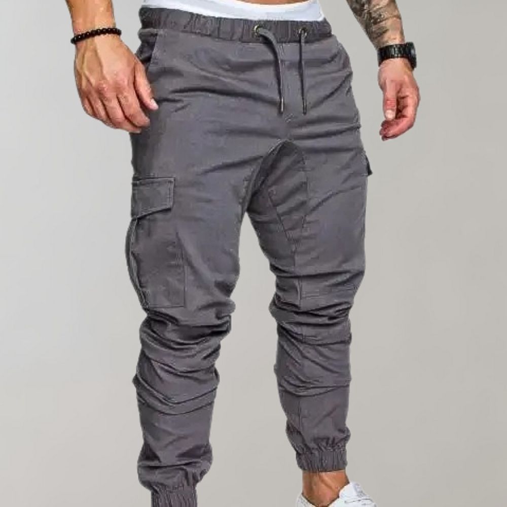 Graue Herren-Cargohose, elastischer Bund, Seitentaschen, sportlich, bequem, modisch.