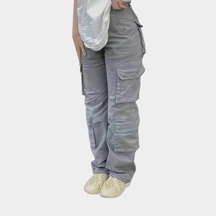 Graue Cargo-Hose Damen, Mehrzweck-Taschen, Freizeitmode, Baumwolle, bequeme Passform