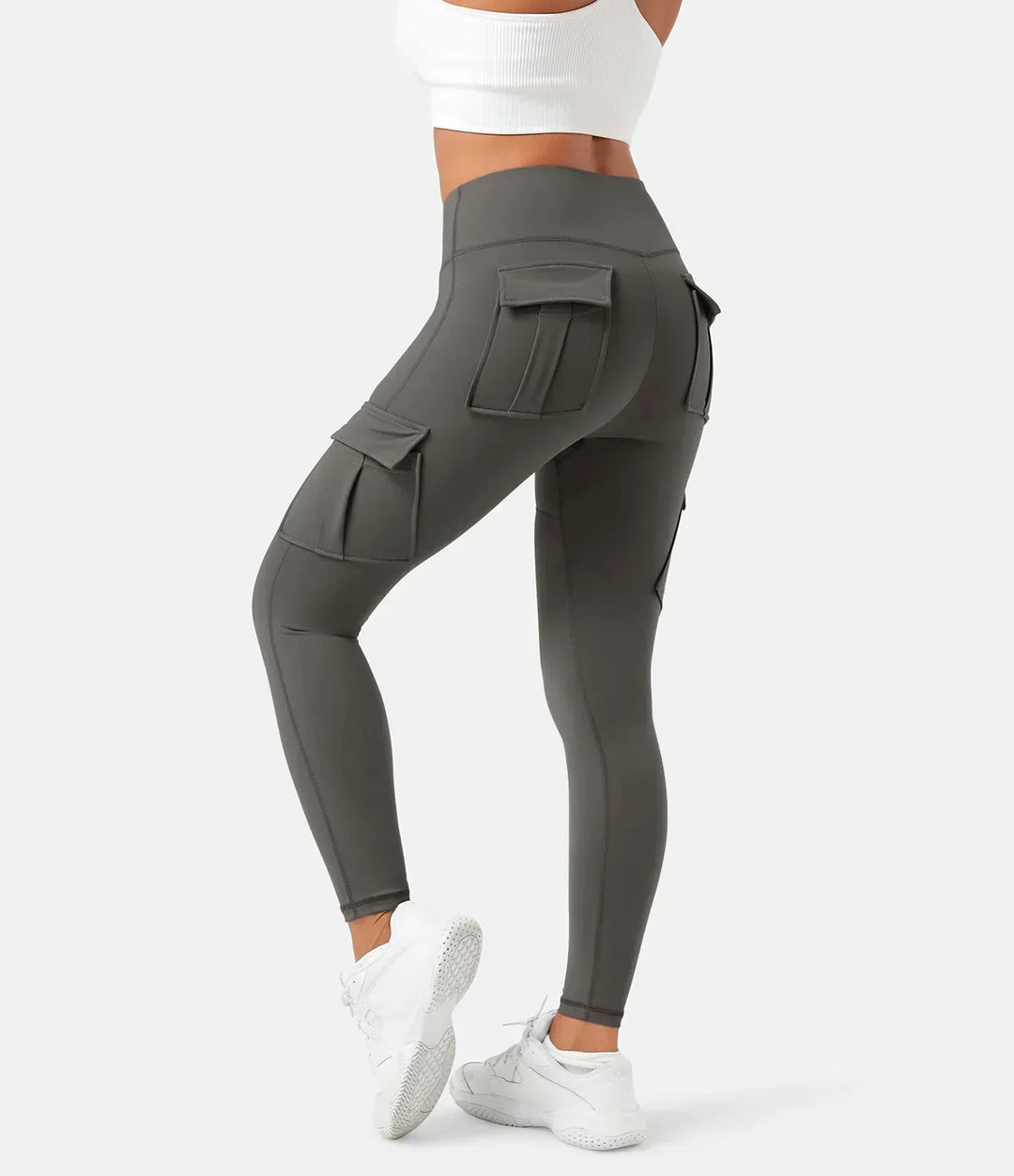 Damen-Cargoleggings, grau, hohe Taille, Taschen, Sportbekleidung, elastisch, bequem