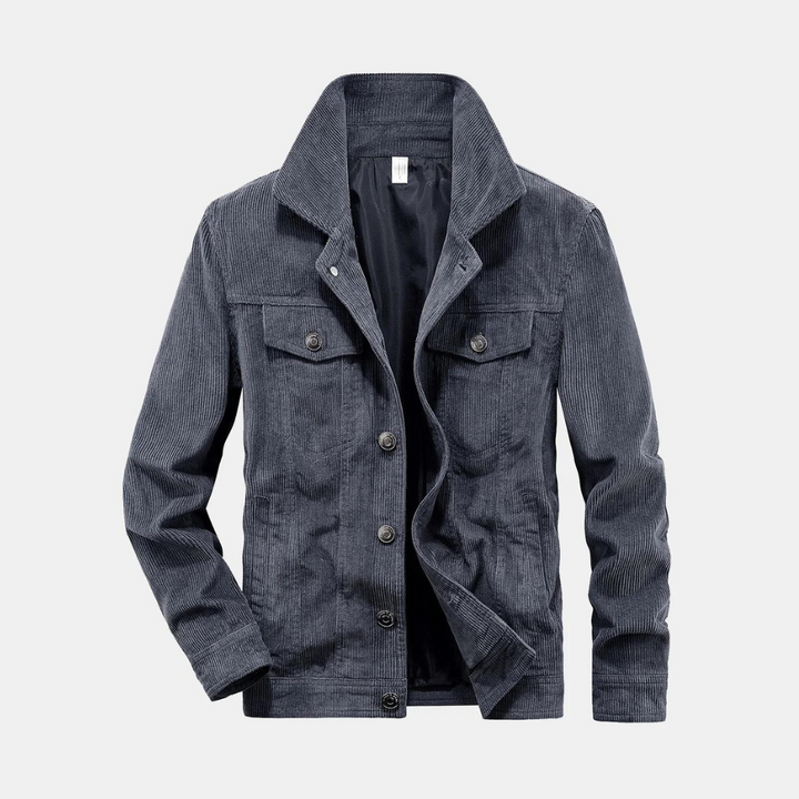 Graue Cordjacke für Herren, Knopfleiste, zwei Brusttaschen, modisch, lässig.
