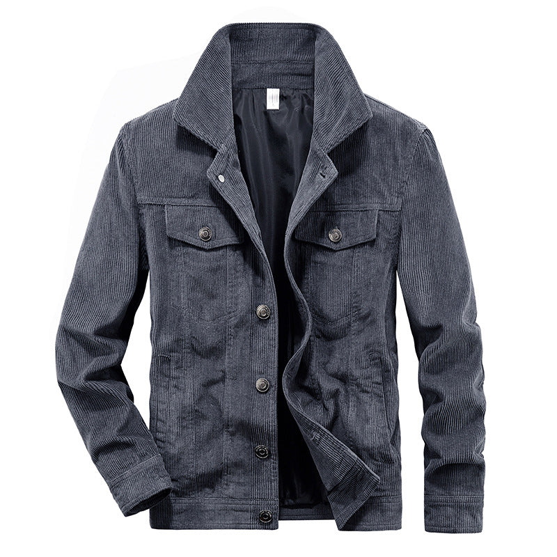 Graue Cordjacke für Herren, lässig, mit Knopfleiste, zwei Brusttaschen, Herbstmode.